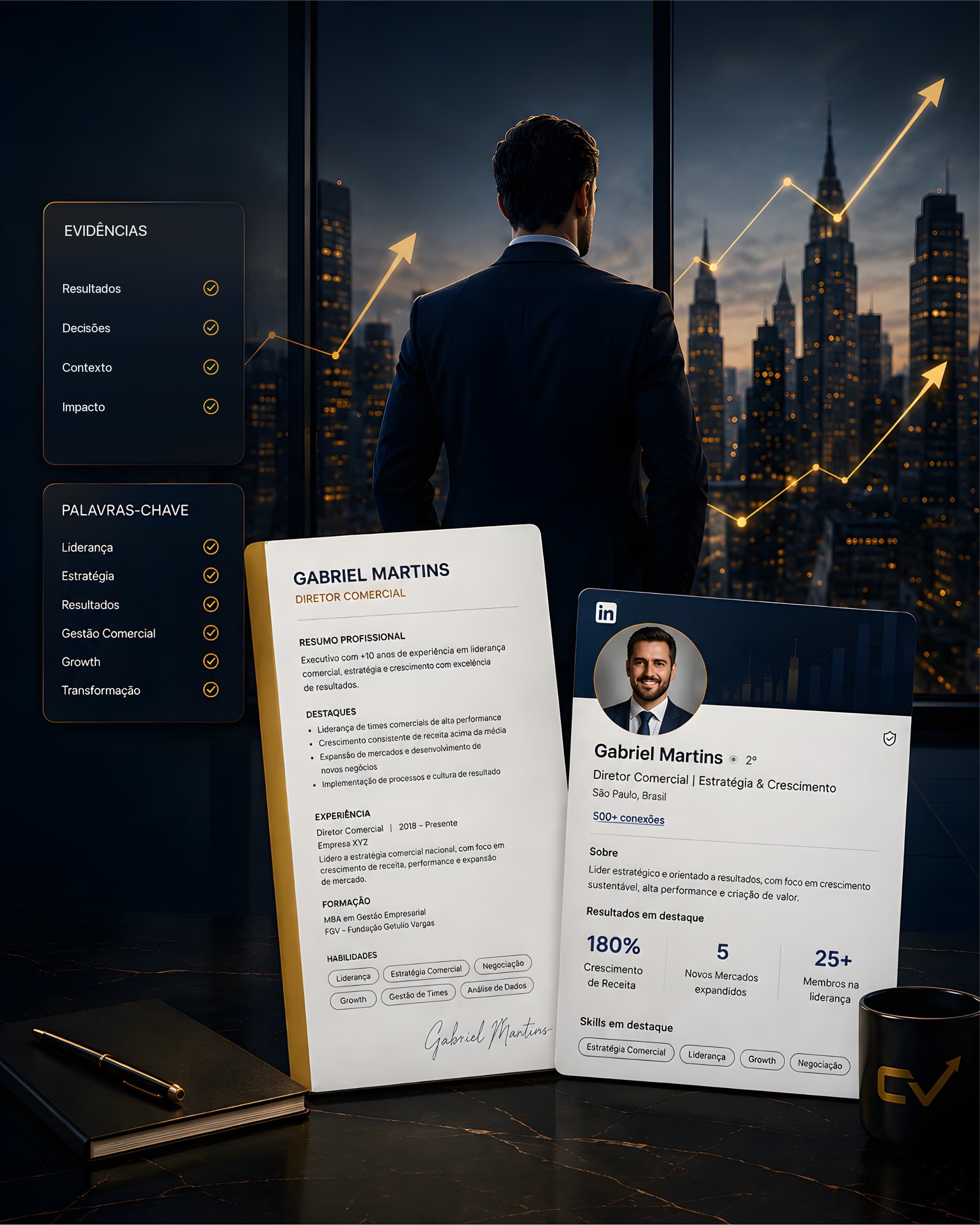 Currículo com ATS Score 92 e perfil de LinkedIn otimizado pela investigação CV Hunter
