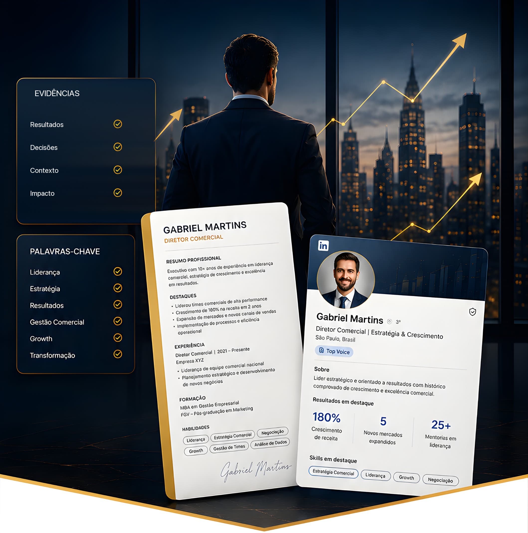 Currículo com ATS Score 92 e perfil de LinkedIn otimizado pela investigação CV Hunter